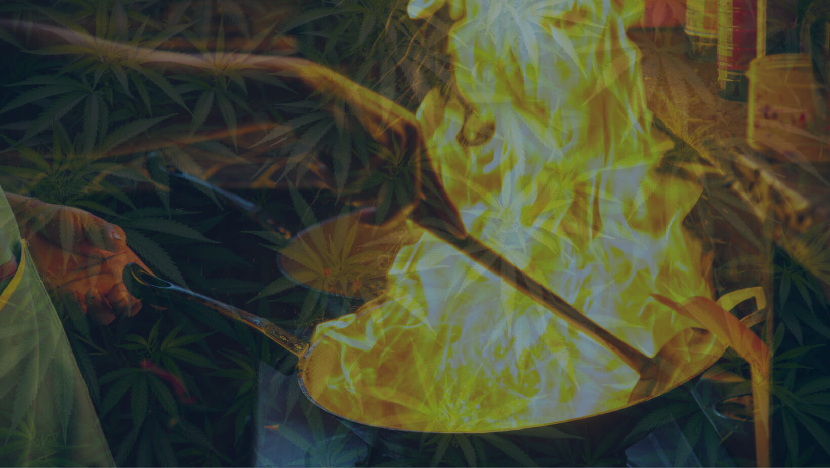 semi-transparent overlay of cannabis leaves over an image of a person cooking from a flaming frying pan